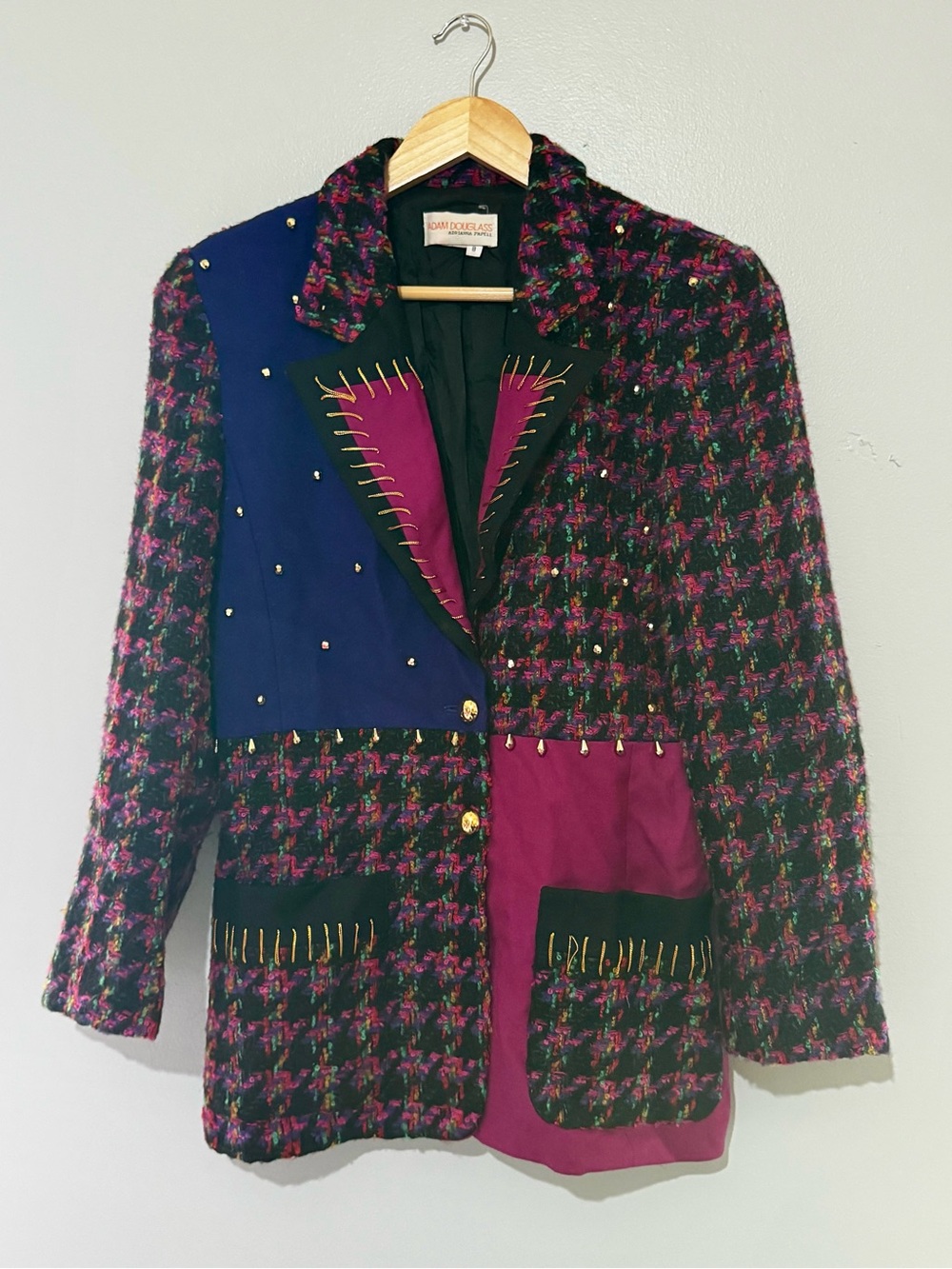Vintage mohair multicolored tweed patchwork jacket blazer black/pink stitch